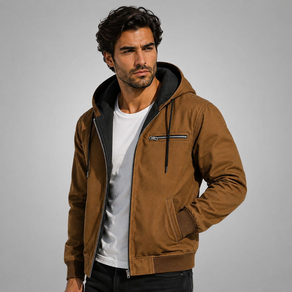 Men’s hooded fleece-lined winter jacket in brown, worn with a zip front and drawstring hood.
