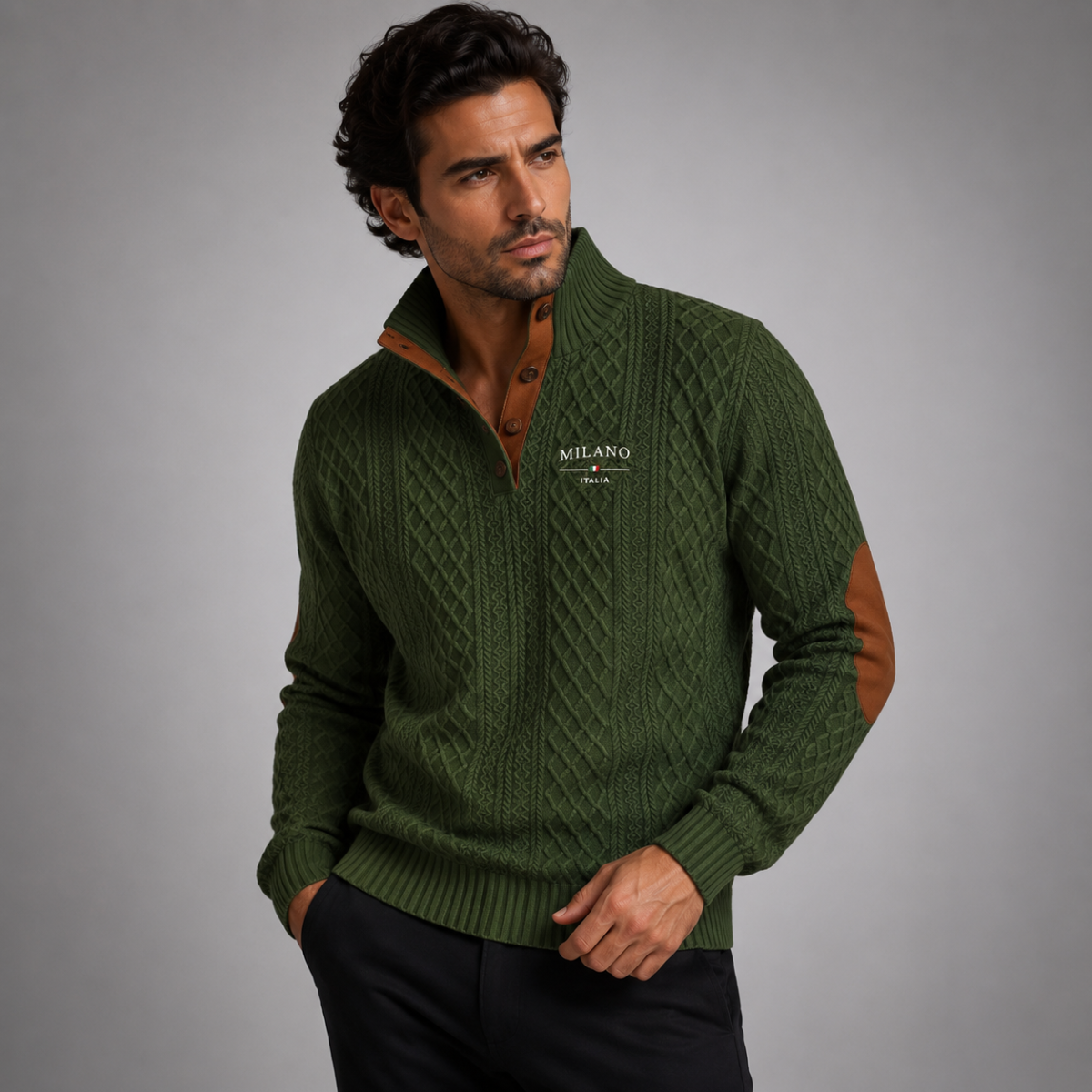 Men's green knit quarter-zip sweater with brown elbow patches and ribbed cuffs