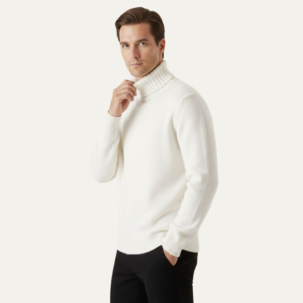 Men’s white soft knit turtleneck sweater with ribbed collar and cuffs