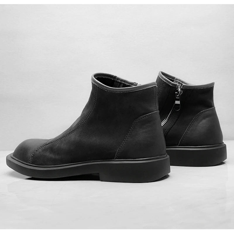 Men's warm plush zip-up leather ankle boots, black, side zippers and low tread soles