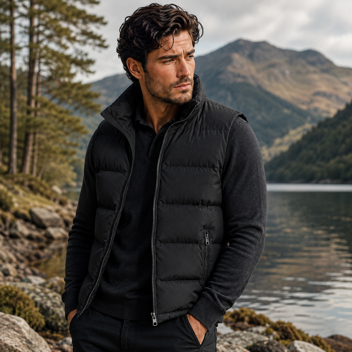 Men's black padded puffer vest with full-zip front and stand collar