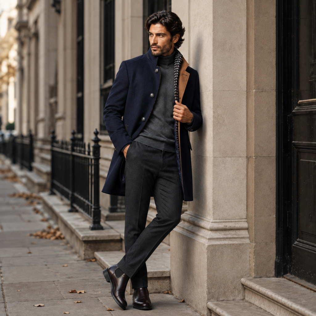 Men's wool coat, dark blue, long button-front with inner quilted lining