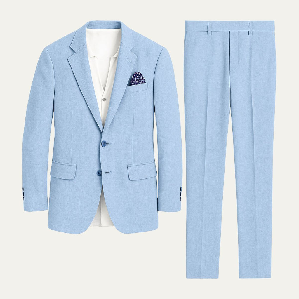 Men's light blue linen suit jacket and matching trousers with white dress shirt
