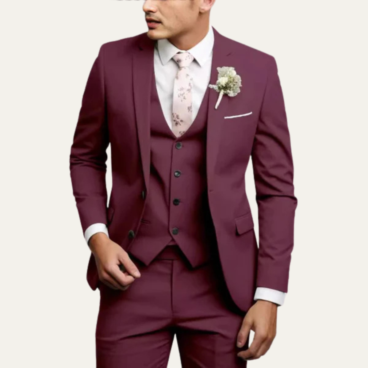 Men's 3-piece slim-fit suit set in burgundy with jacket, vest, and matching trousers.