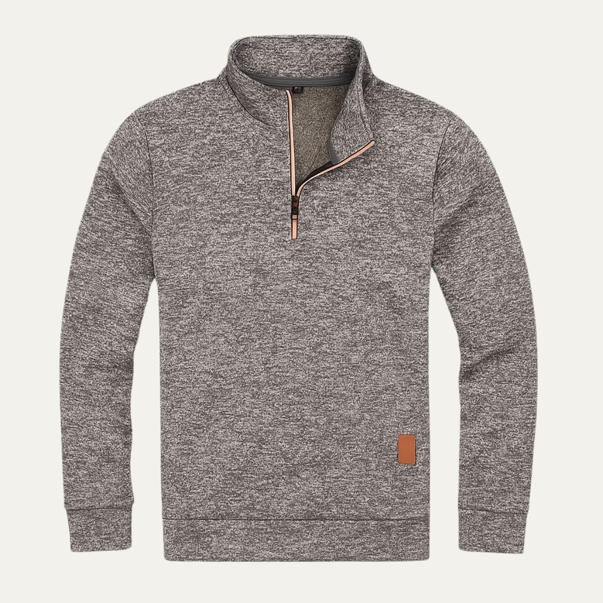 Men's heather gray half-zip fleece pullover with tan trim zipper and long sleeves, tan patch