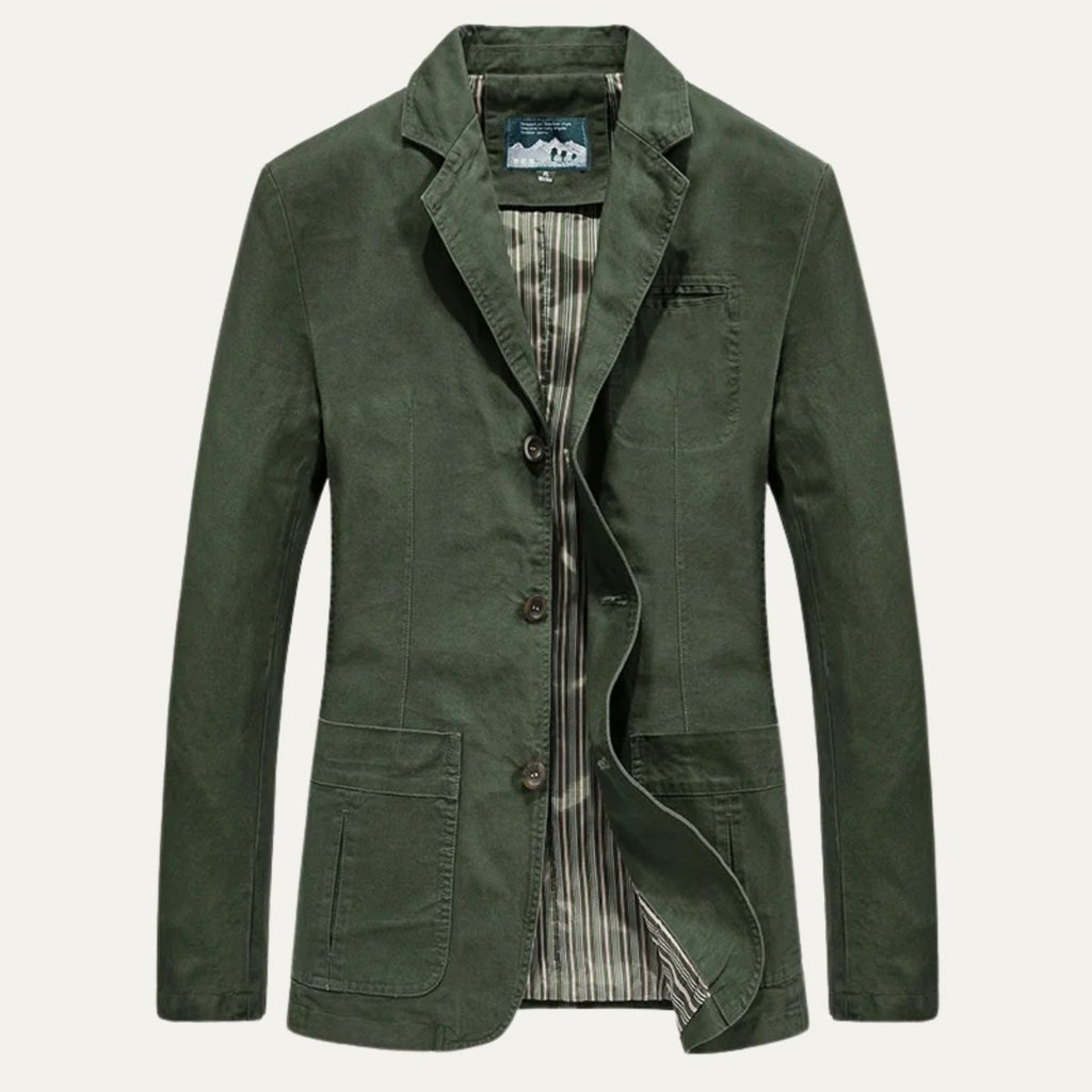 Men's lightweight jacket in army green with notch lapels, button front, and chest pockets