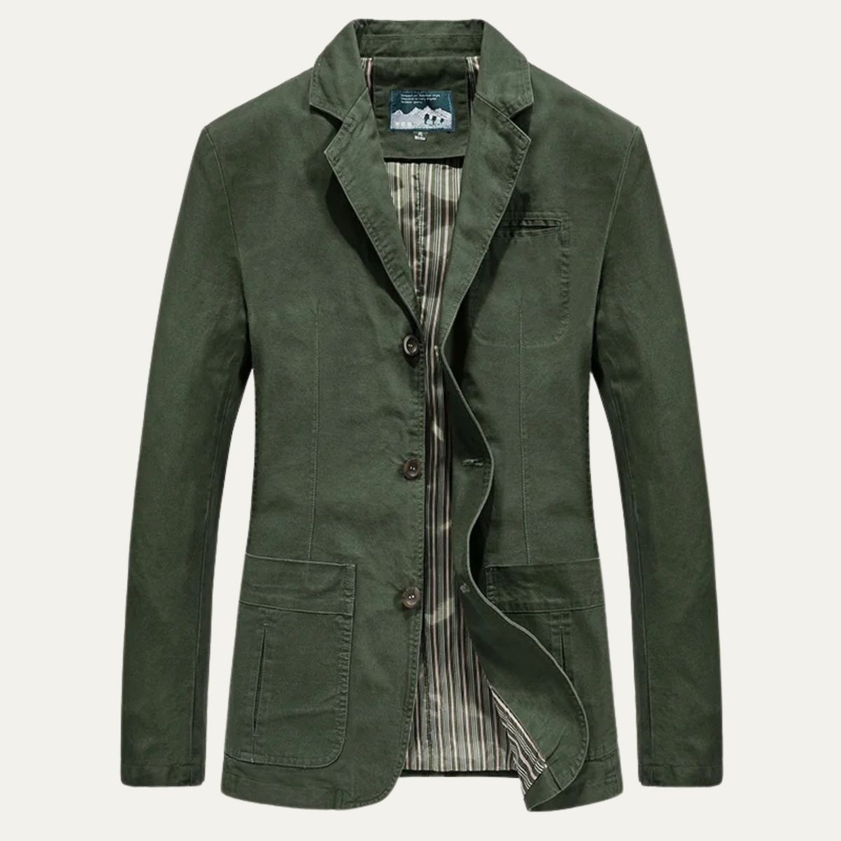 Men's lightweight jacket in army green with notch lapels, button front, and chest pockets