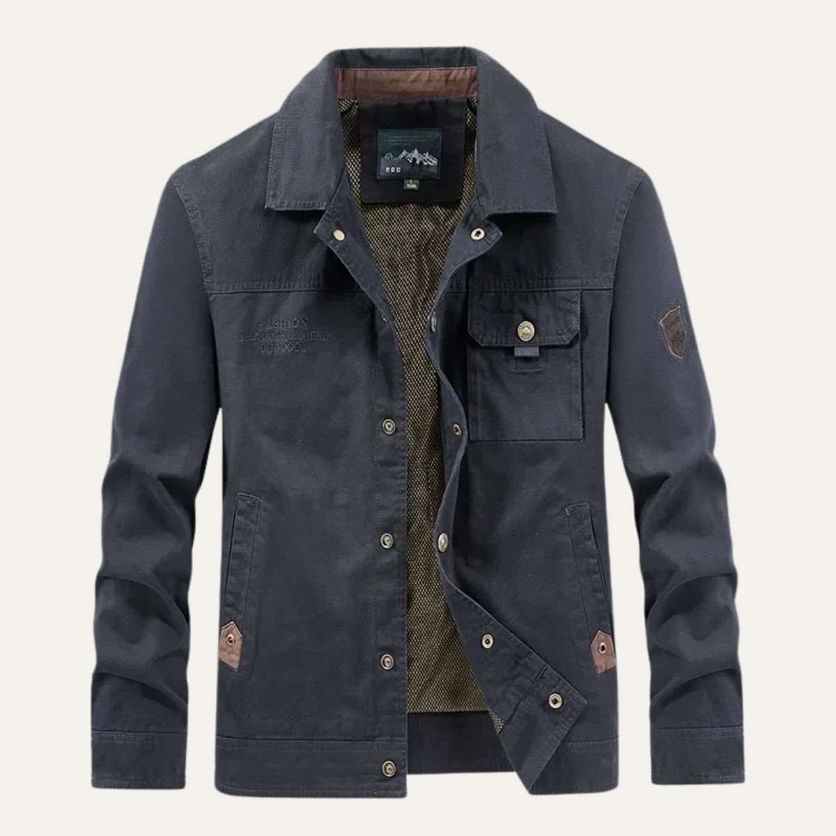 Navy men’s utility jacket with button front, flap chest pocket, and angled utility pocket