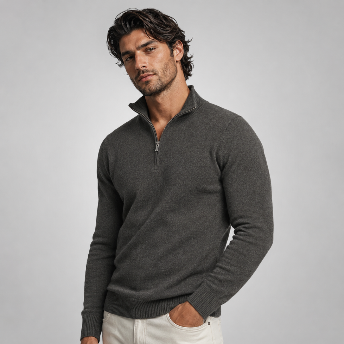 Men's dark gray quarter-zip knit sweater on model