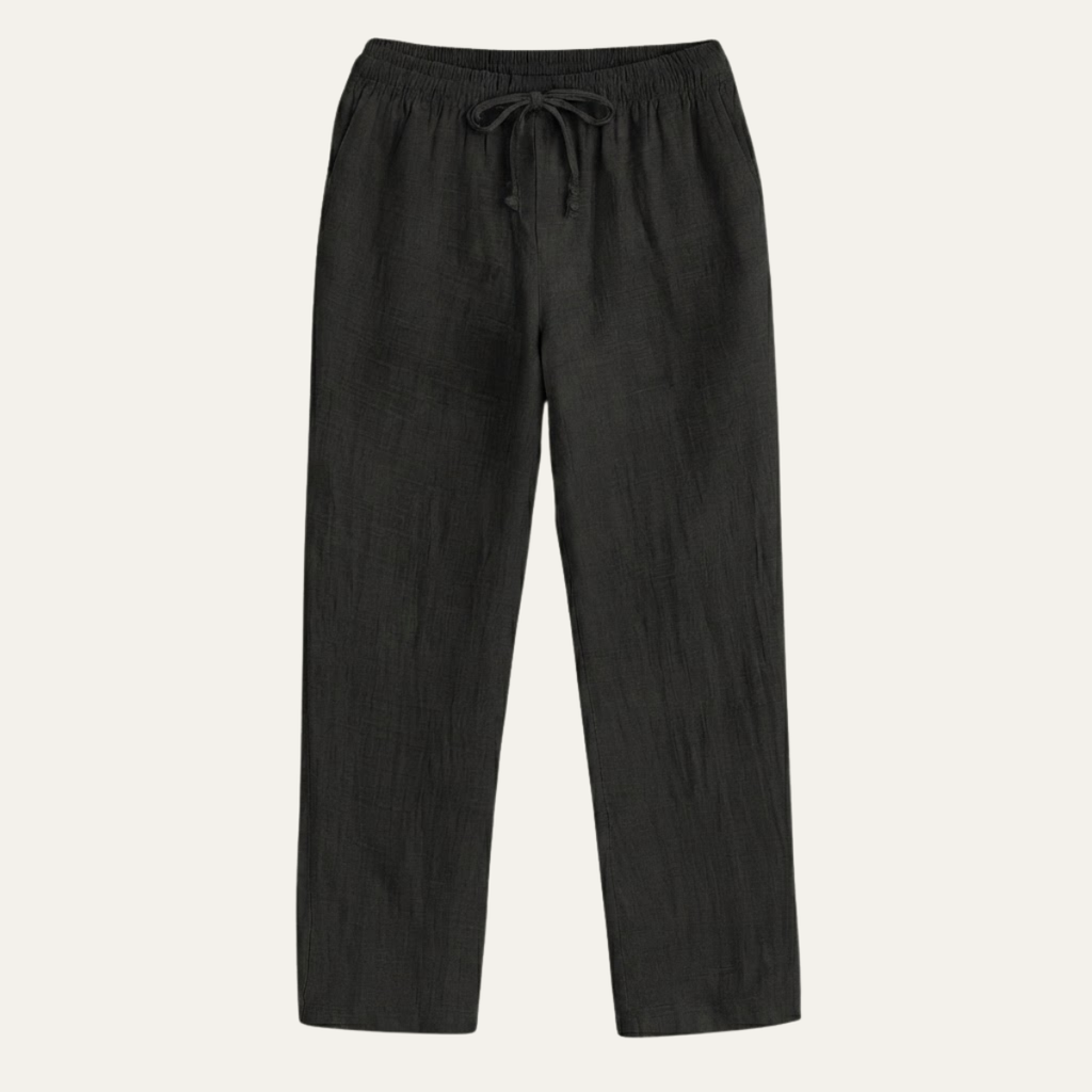 Men’s linen elastic waist loose-fit pants, dark charcoal black