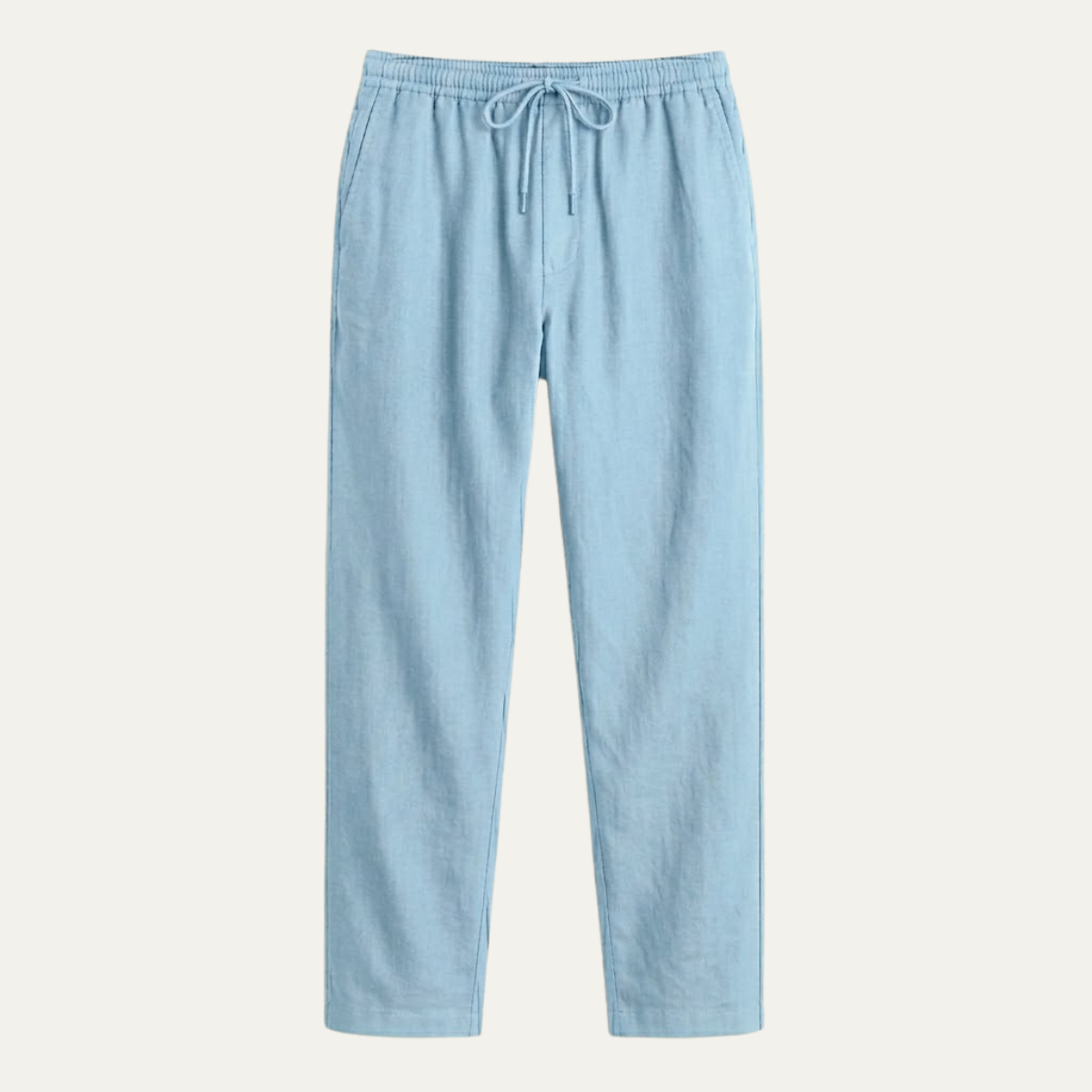 Men's hemp straight-leg pants in light blue, elastic waist with drawstring ties
