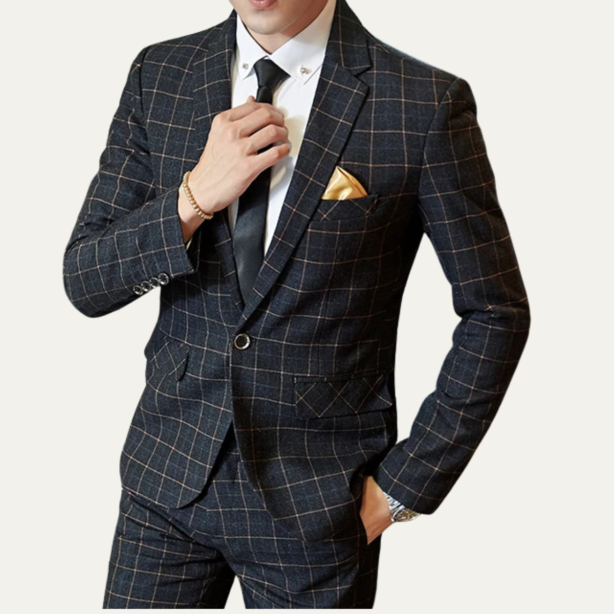Men’s plaid slim-fit blazer and vest with striped tie, dark windowpane pattern