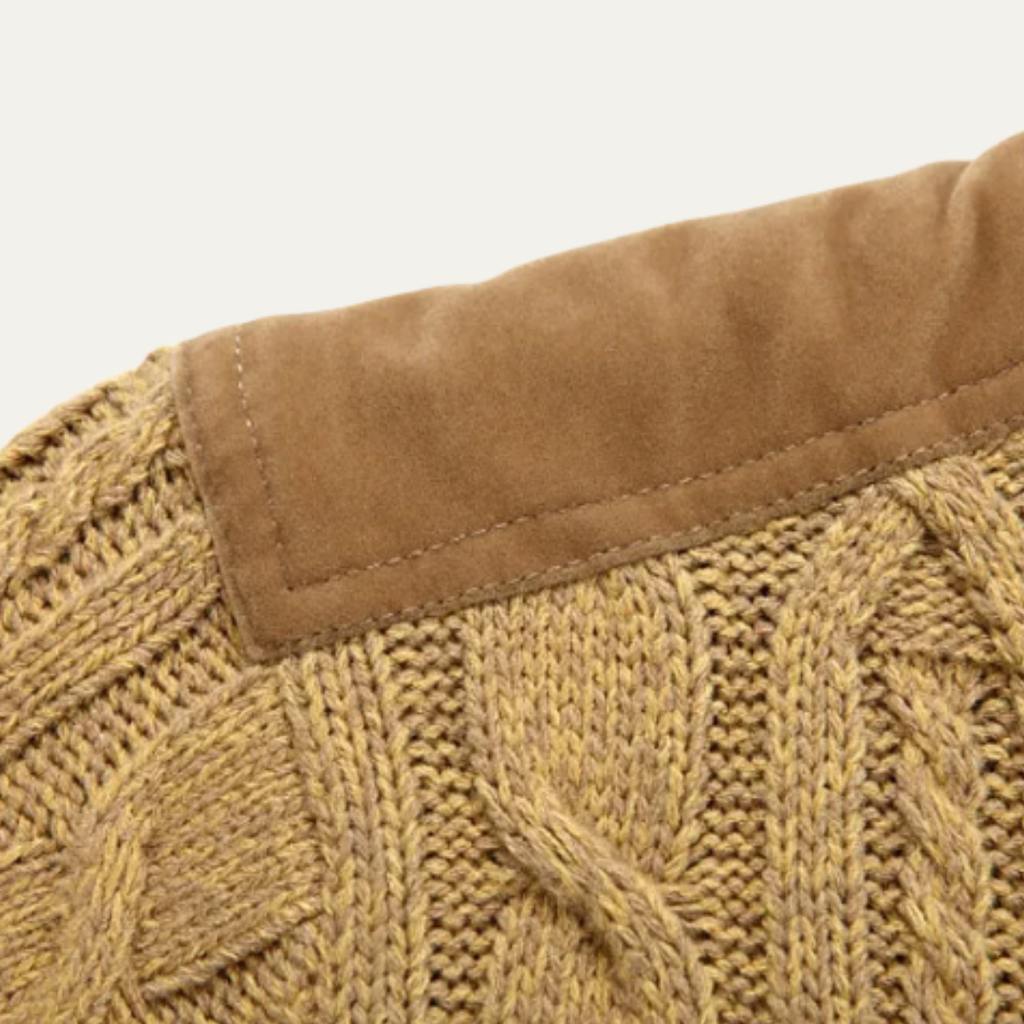 Men's fleece-lined wool cardigan, tan ribbed knit cuff with reinforced shoulder seam