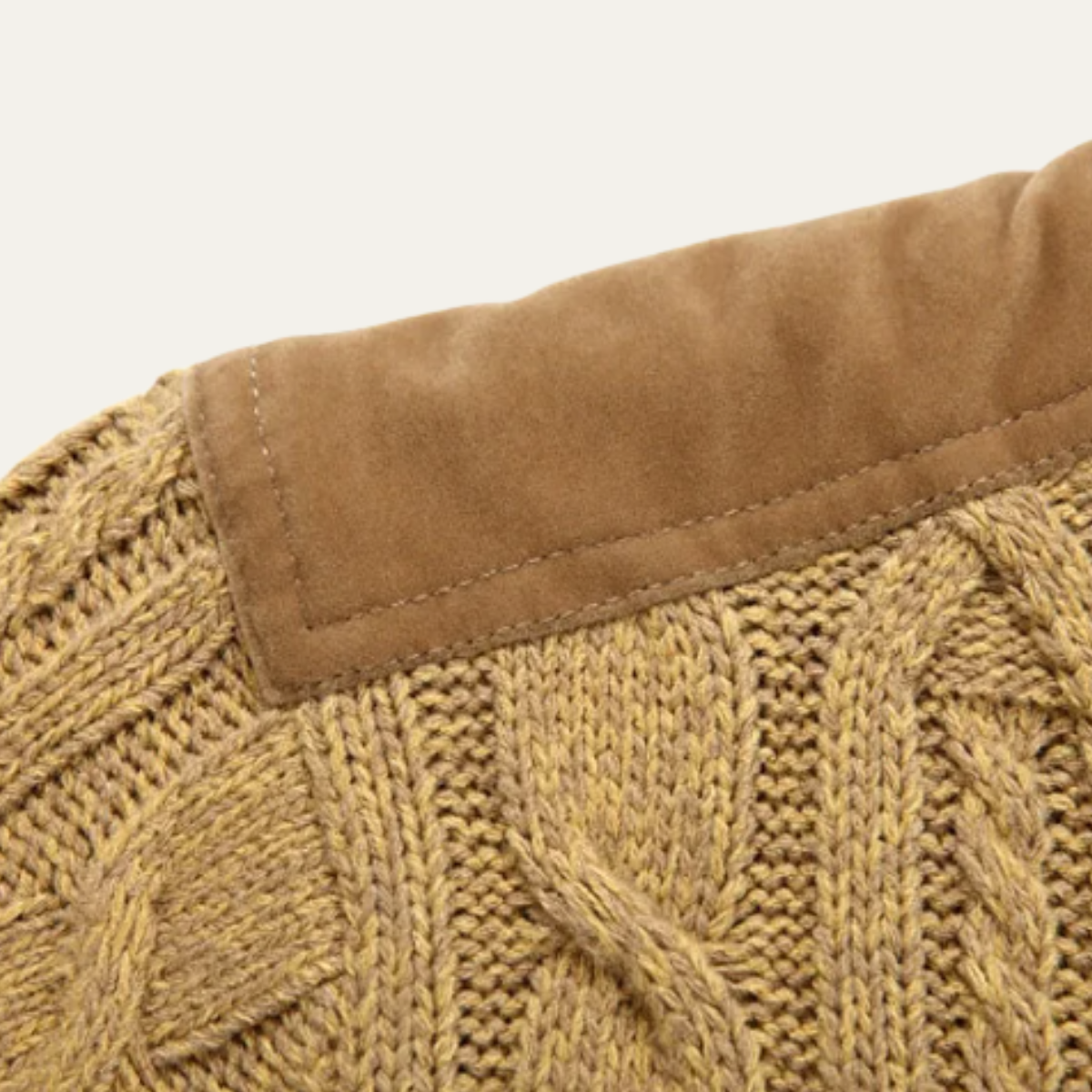 Men's fleece-lined wool cardigan, tan ribbed knit cuff with reinforced shoulder seam