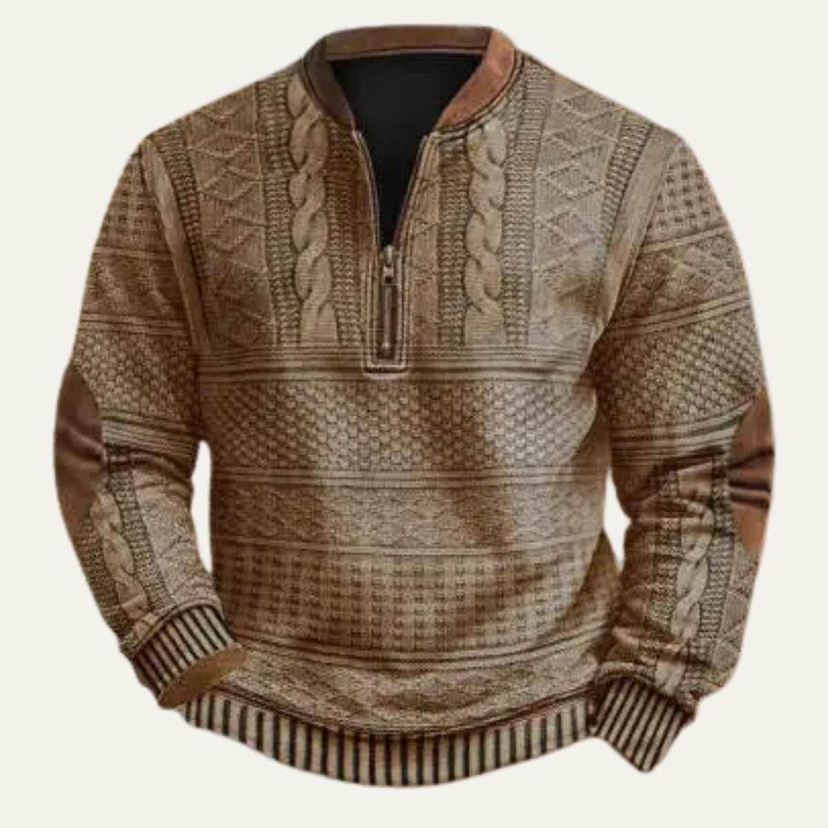 Brown patterned half-zip sweater with elbow patches