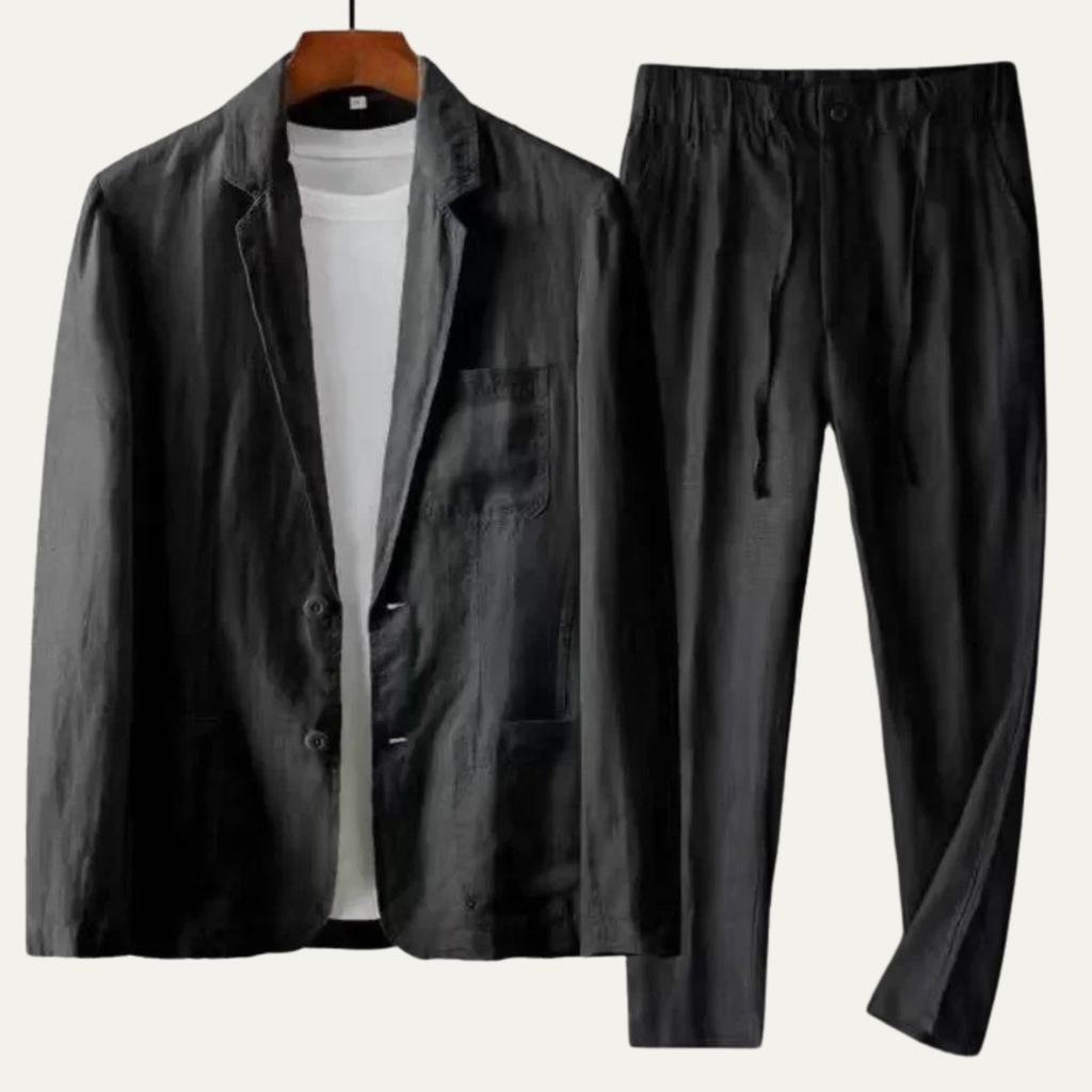 Men's cotton-linen two-piece suit set, black blazer with patch pocket and drawstring pants