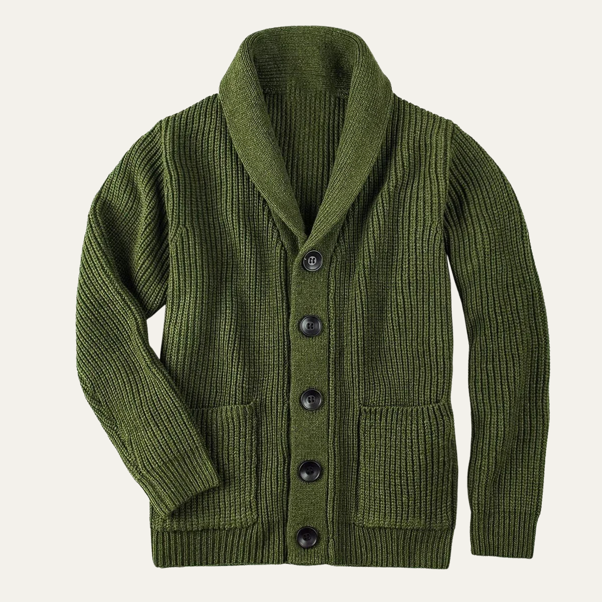 Men's green chunky knit cardigan with shawl collar and black button front