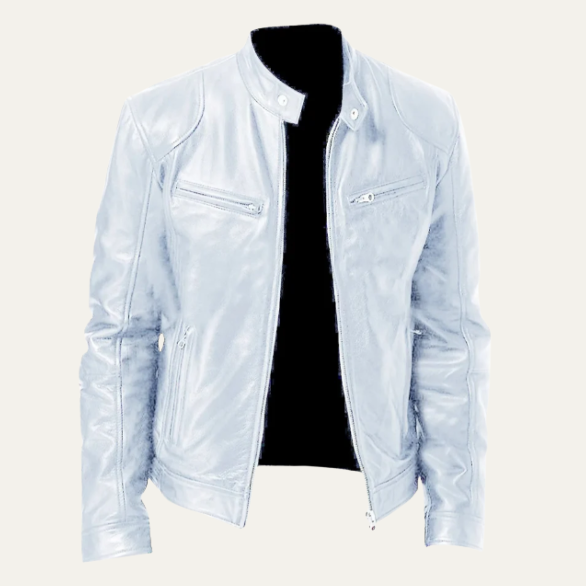 Men's pale blue leather zip-up jacket with stand collar and front zip