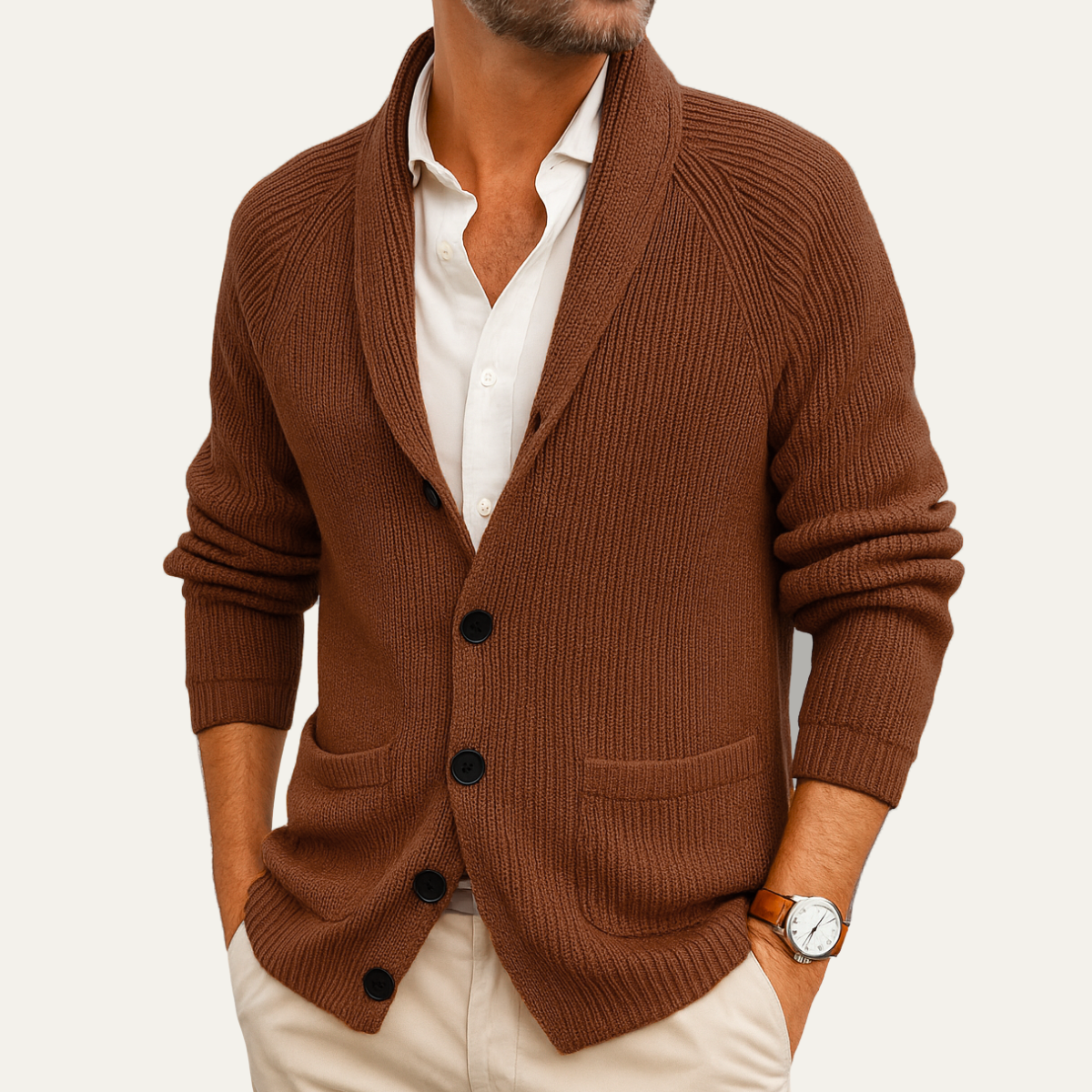 Brown knit shawl-collar button-up cardigan with dark buttons and two front pockets