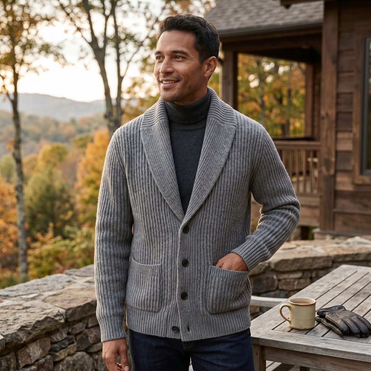 Men's chunky knit shawl-collar cardigan, gray, button front and patch pockets