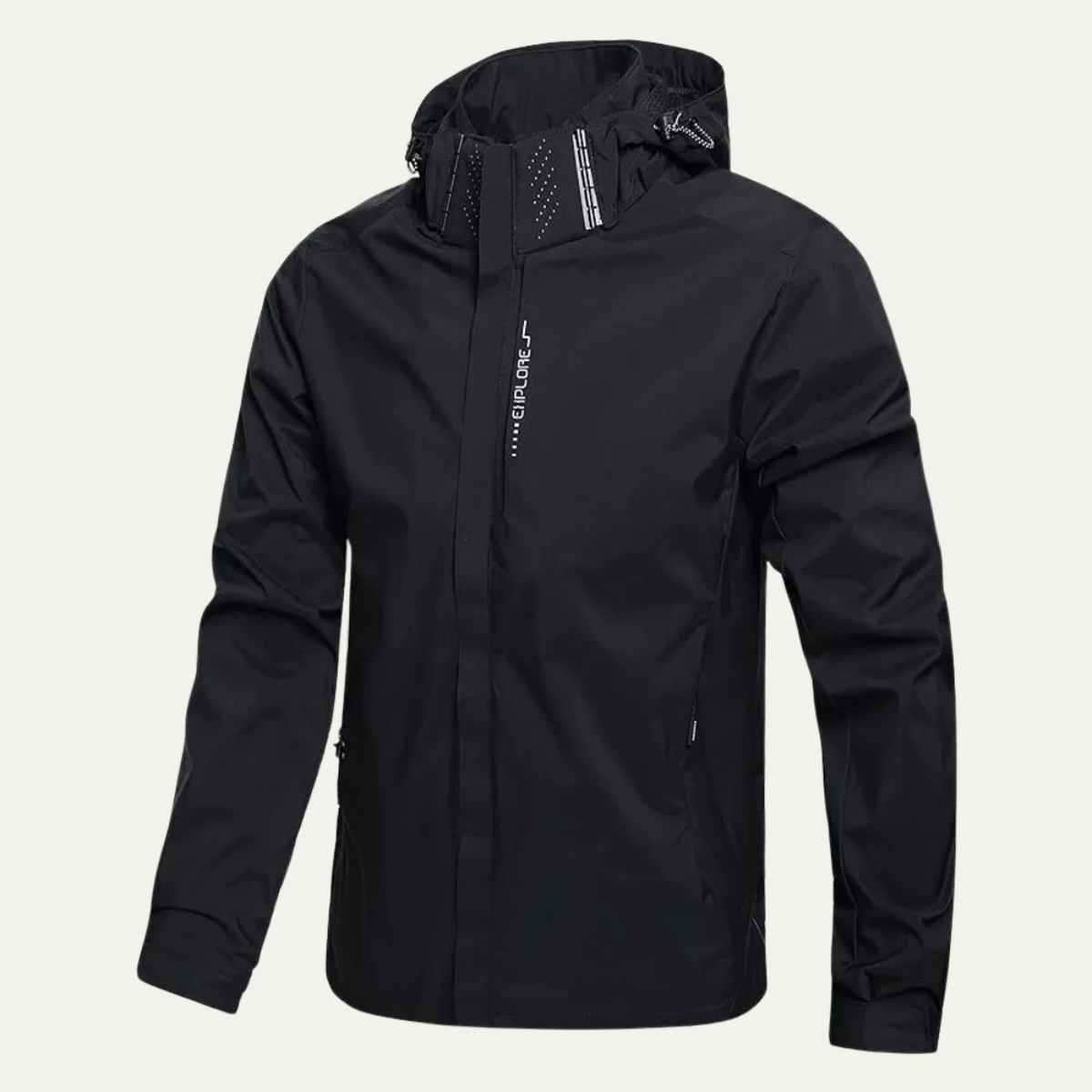 Black hooded waterproof jacket with full front zipper and adjustable hood tabs