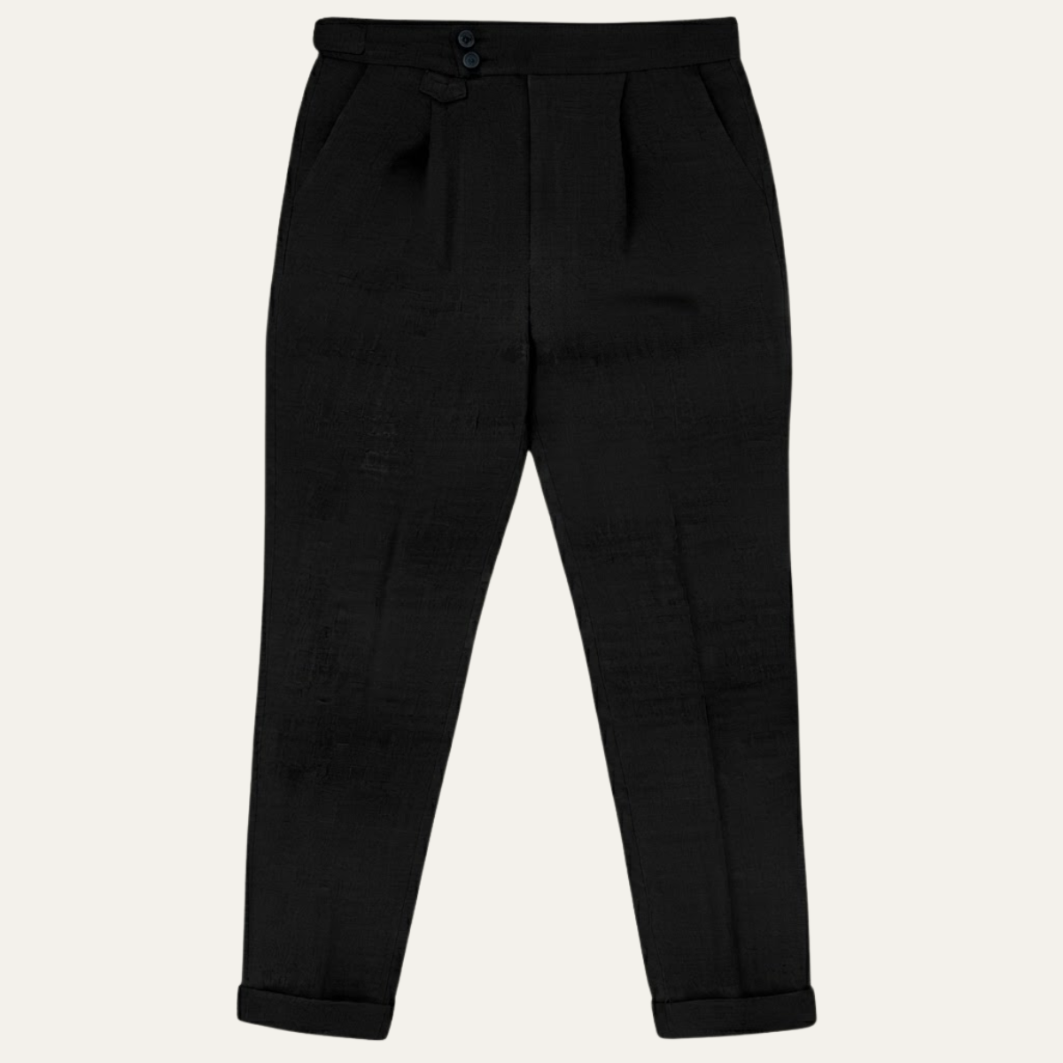 Men's high-waisted pleated dress pants, black, front crease