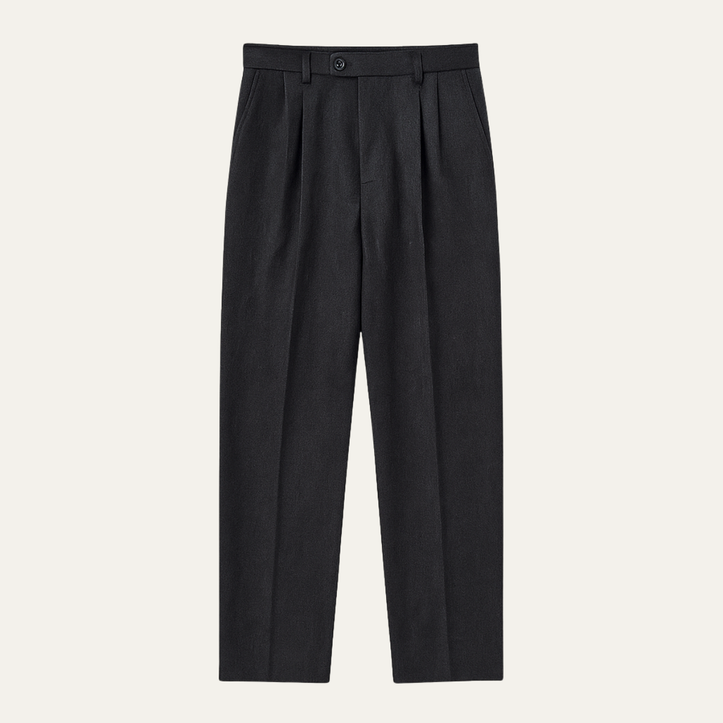 Men's black pleated tailored trousers, belt loops and button closure.