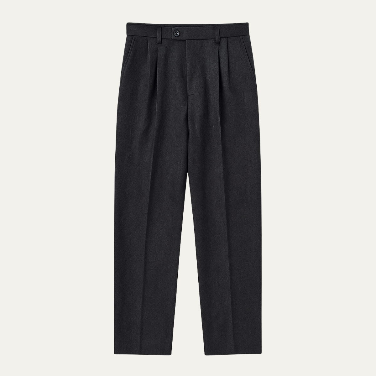 Men's black pleated tailored trousers, belt loops and button closure.