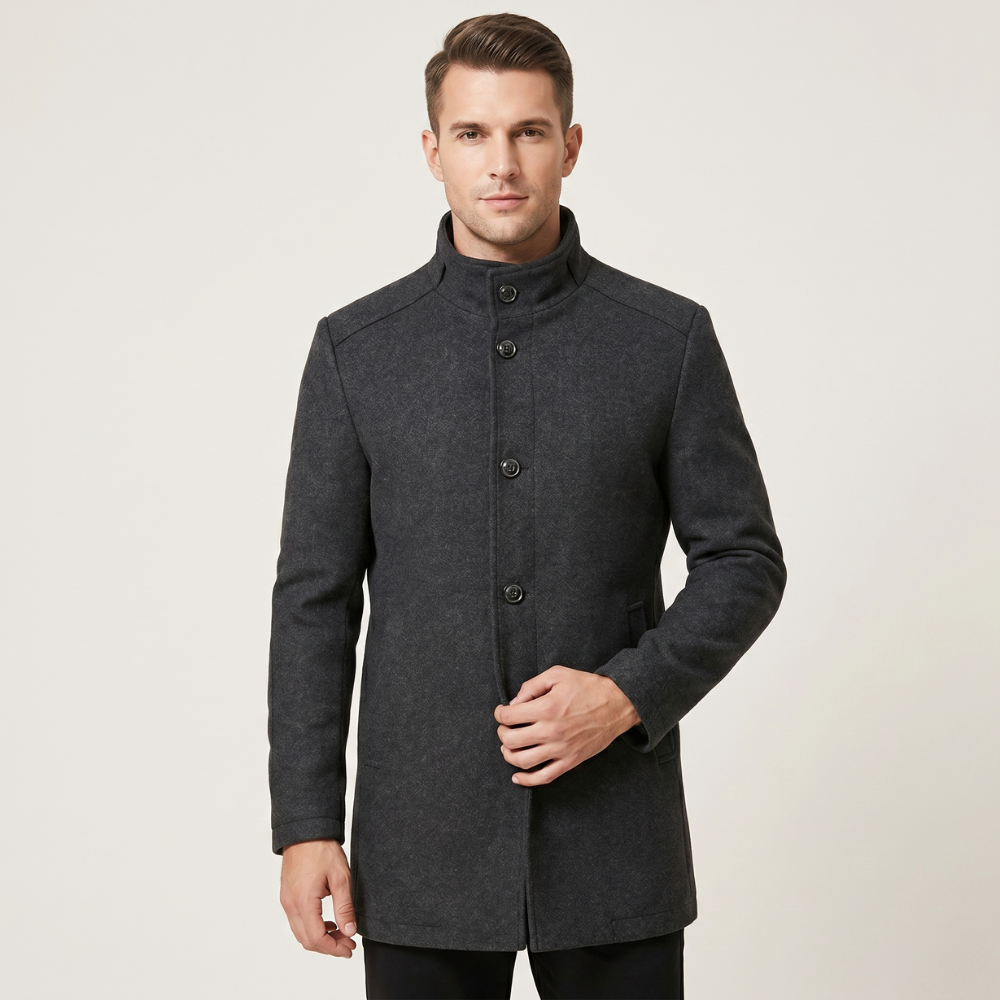 Black wool overcoat with button front and stand collar, front view