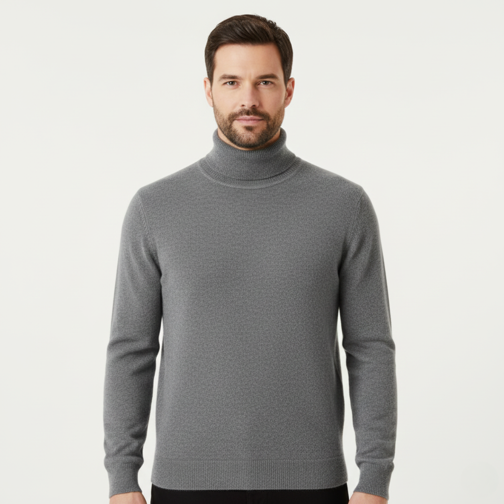 Men's dark gray turtleneck sweater on model, ribbed hem and cuffs, long sleeves