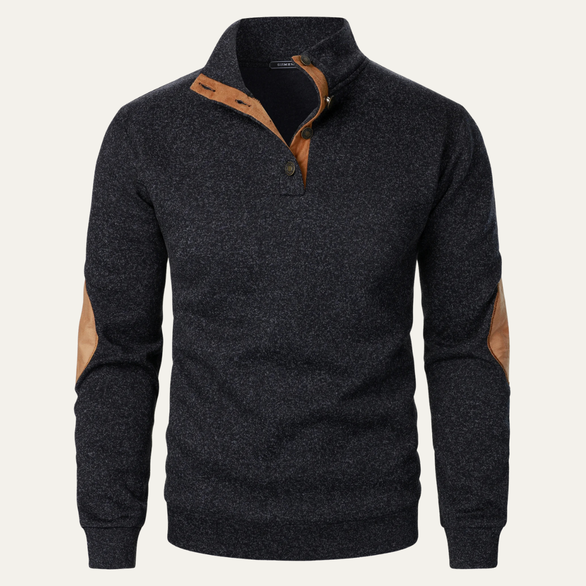 Men's black fleece stand-collar sweater with tan suede elbow patches and button placket