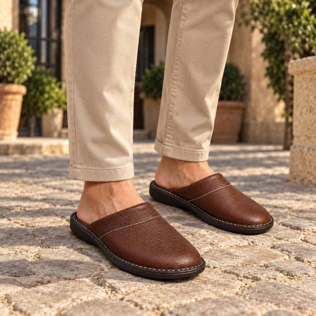 Men's brown leather slip-on clog house shoes with contrast stitch trim