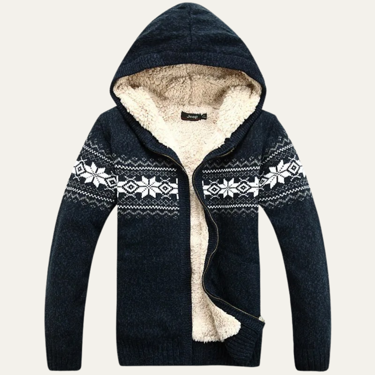 Navy sherpa-lined zip-up cardigan with hood and white Nordic fair isle pattern