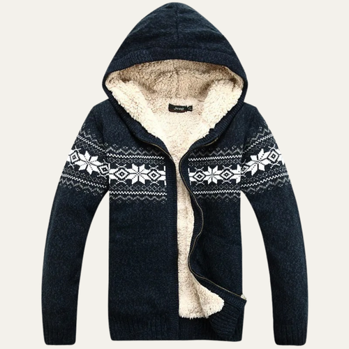 Navy sherpa-lined zip-up cardigan with hood and white Nordic fair isle pattern