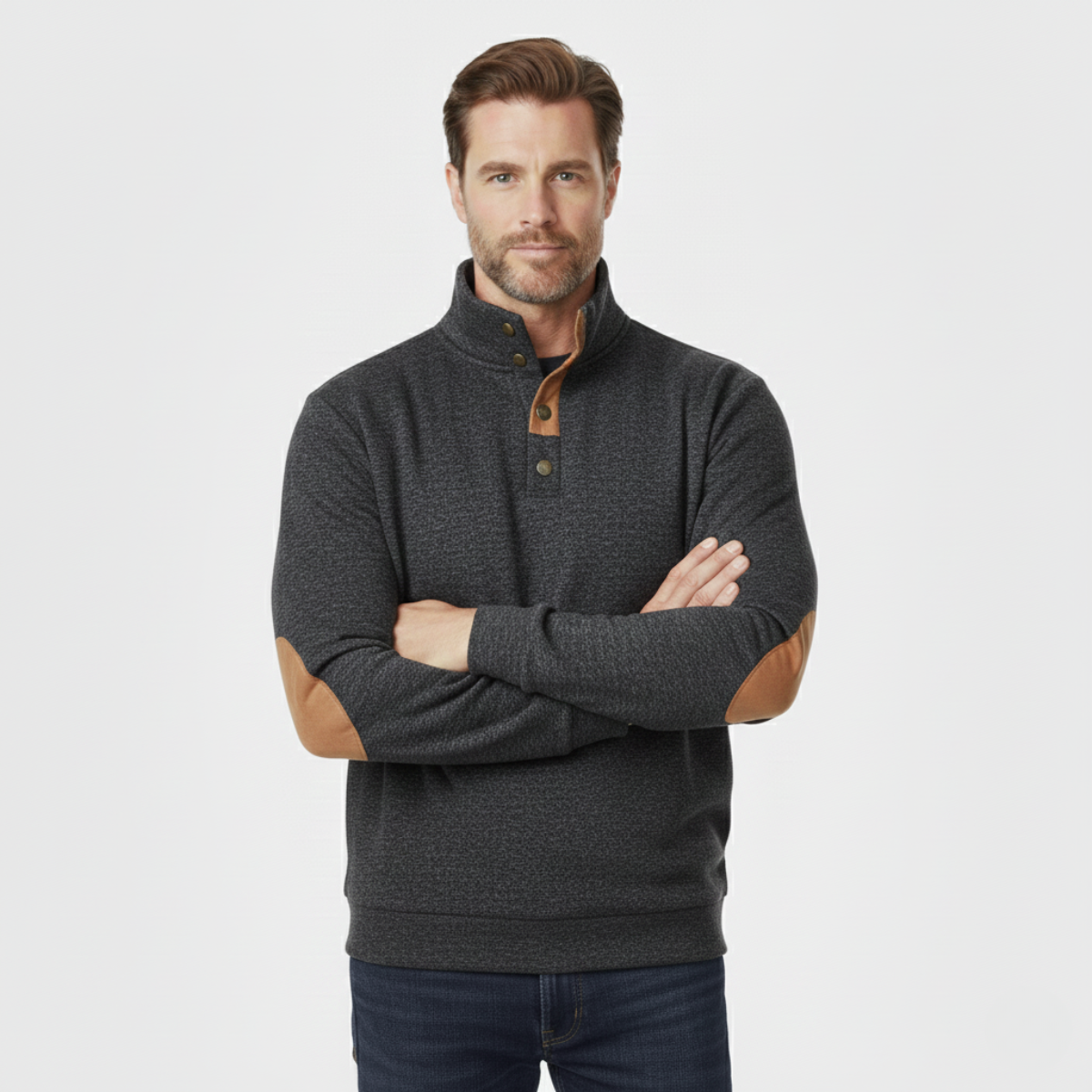 Men’s dark heather gray knit sweater with tan elbow patches and quarter-zip placket