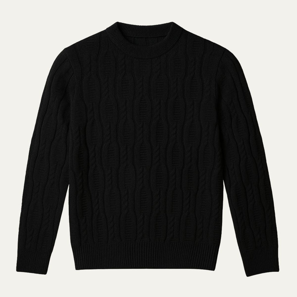 Men's premium cable knit sweater, black, crew neck, long sleeves with ribbed hem