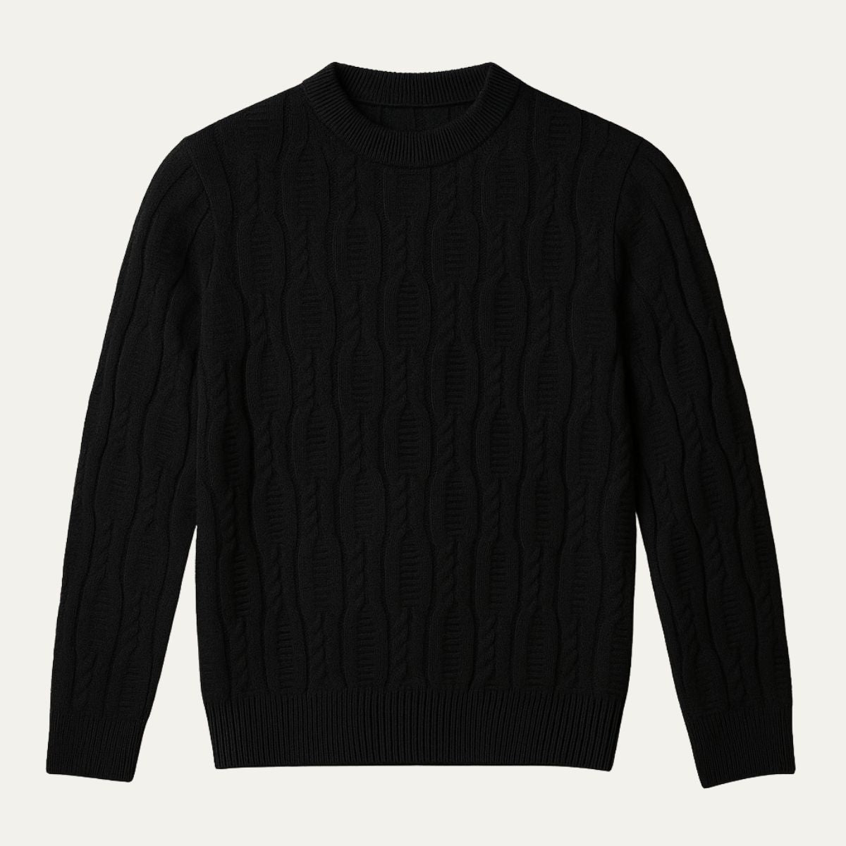 Men's premium cable knit sweater, black, crew neck, long sleeves with ribbed hem