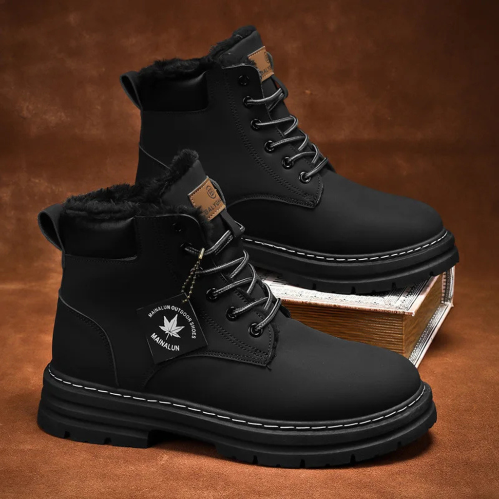 Men's black fur-lined snow boots with lace-up eyelets, faux-fur cuffs and chunky sole