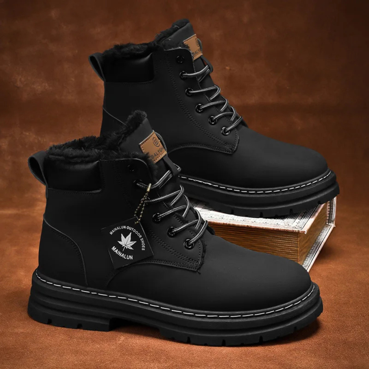 Men's black fur-lined snow boots with lace-up eyelets, faux-fur cuffs and chunky sole