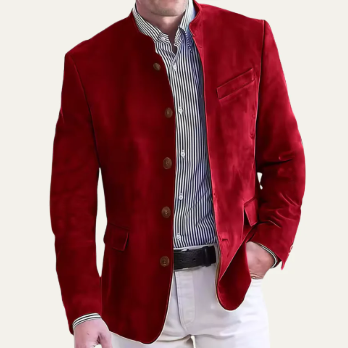 Men's casual blazer, red suede-like fabric, button front, flap pockets