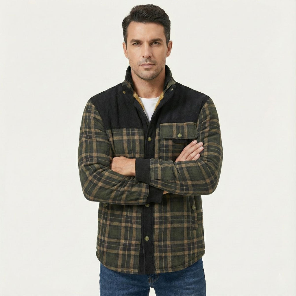Men's warm plaid check jacket with dark front panel, plaid sleeves, and tan sherpa lining
