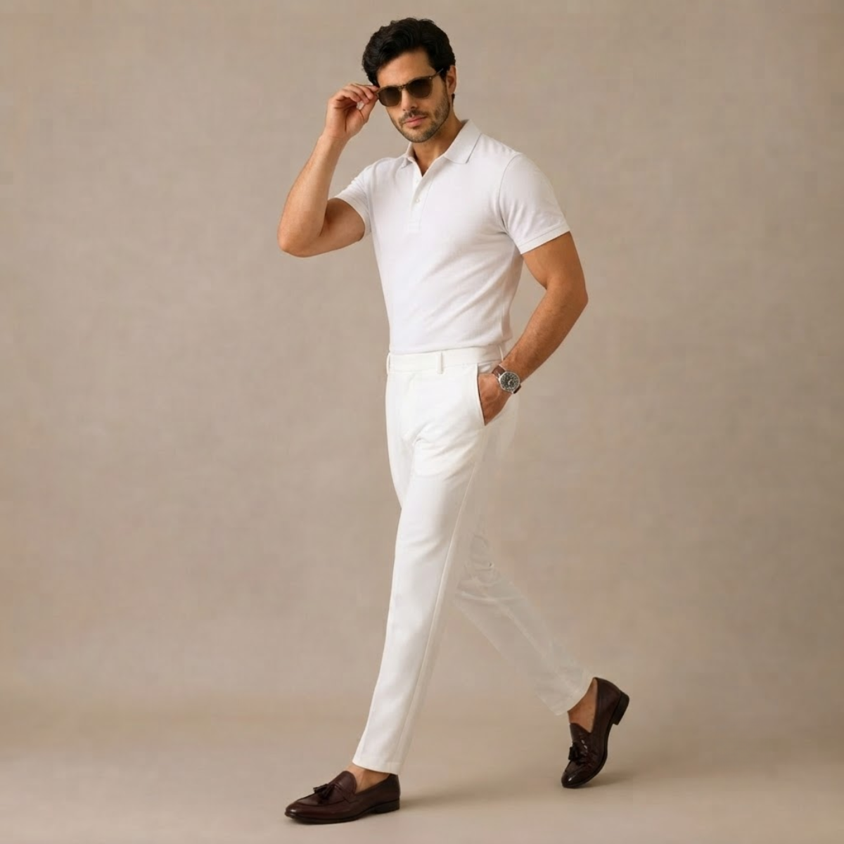 Men's slim-fit casual business dress pants, white, straight leg with button waist
