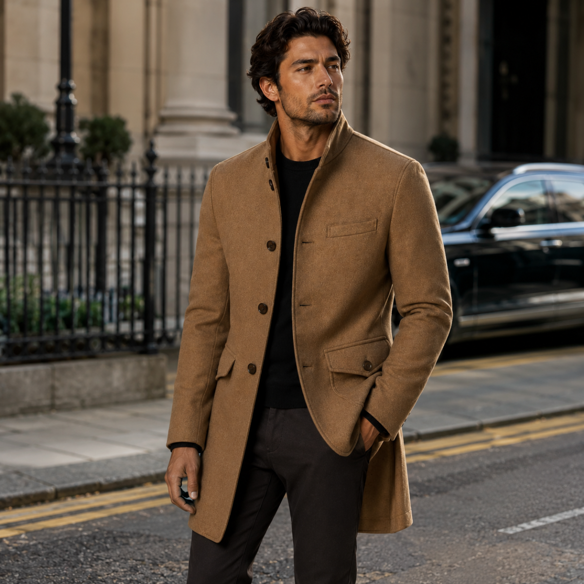 Men's wool overcoat in camel brown, button front with stand collar and side pockets