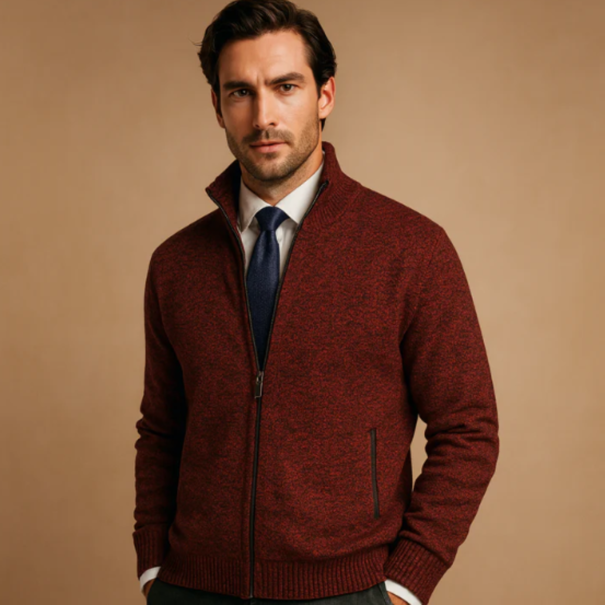 Red heather men's knitted zip cardigan with stand collar and vertical zip pockets