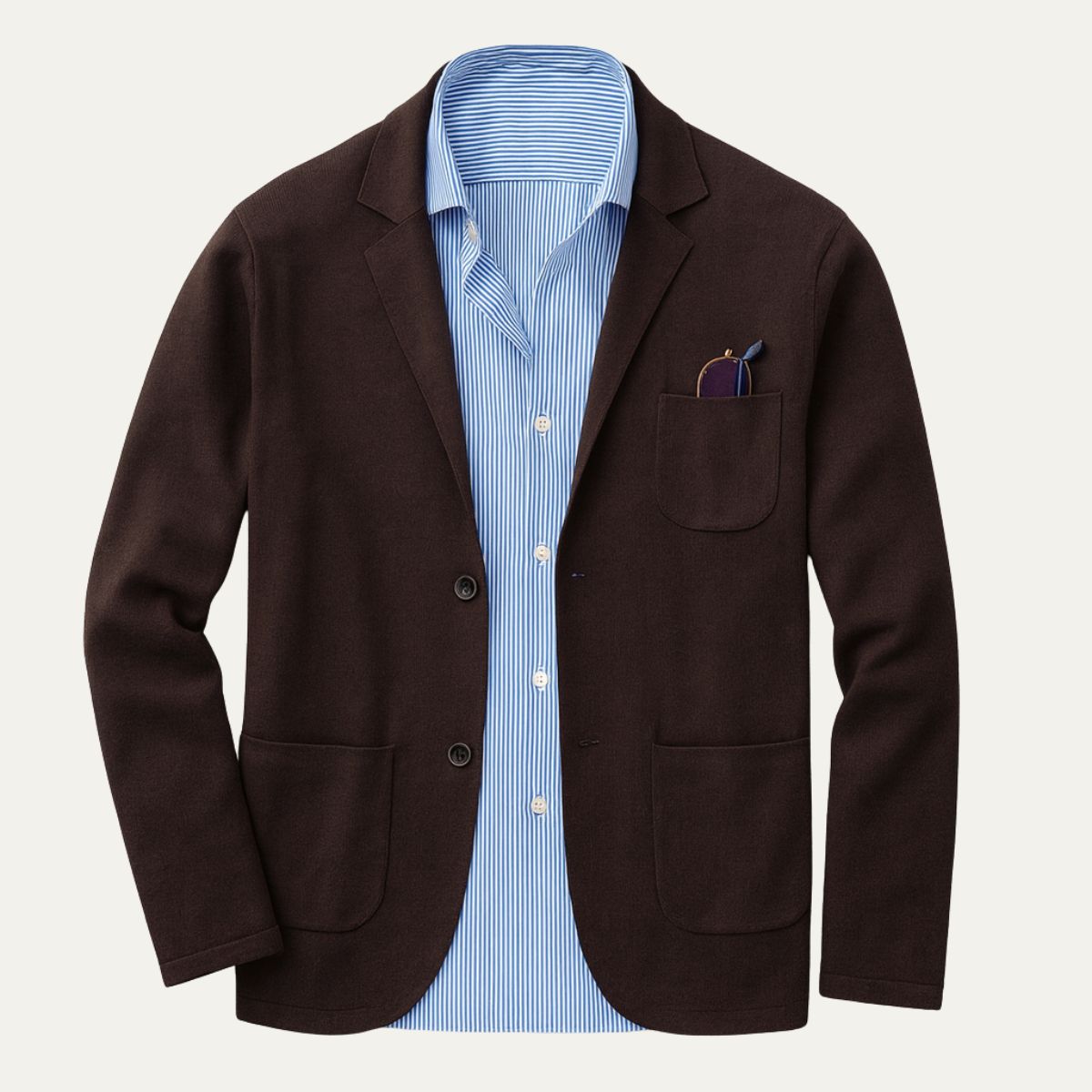 Brown cotton summer blazer with notch lapels, two front pockets, and chest pocket; striped dress shirt