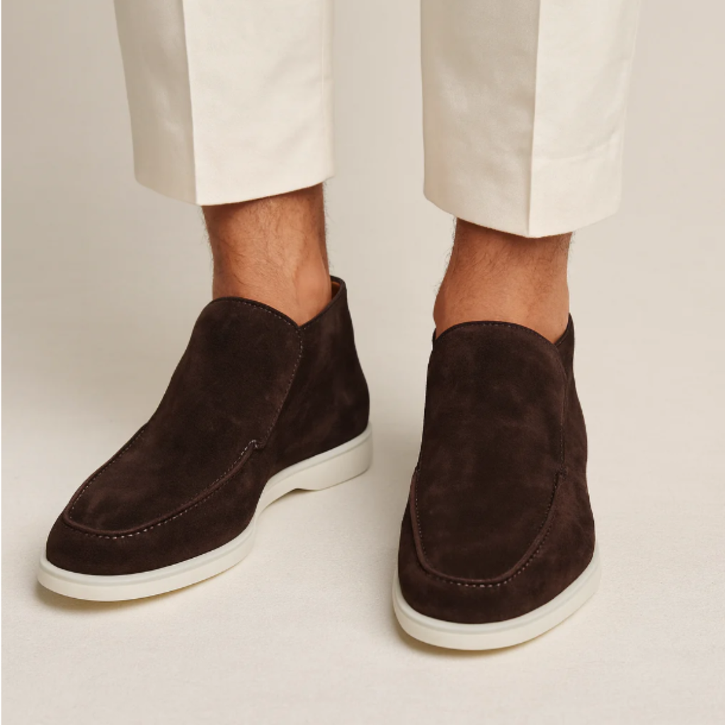 Men's dark-brown suede slip-on loafers with moc-style seam and white rubber sole.