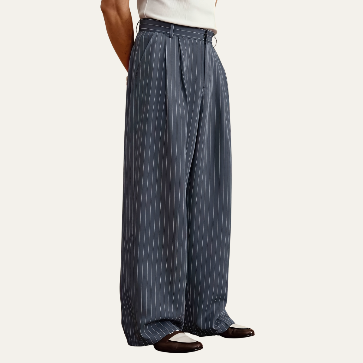 Back view navy pinstripe wide-leg dress pants with pleats and belt loops