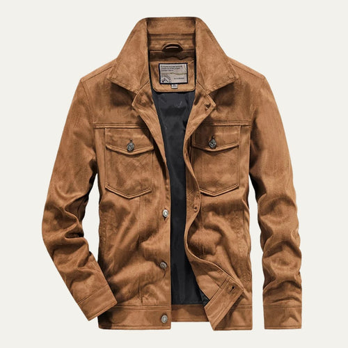 Men's suede cargo jacket, tan, chest flap pockets, button-front