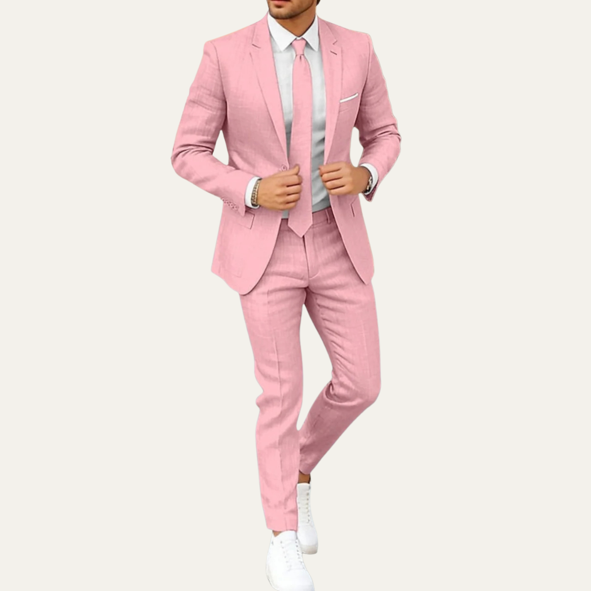 Men's lightweight pink suit set with matching blazer and dress pants