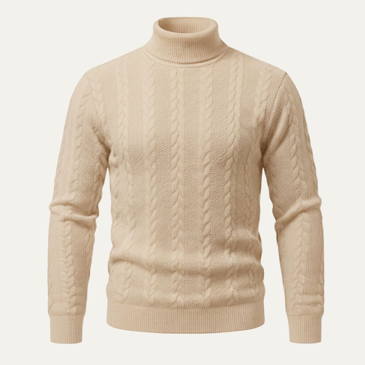 Men's khaki cable knit turtleneck sweater with ribbed cuffs and hem